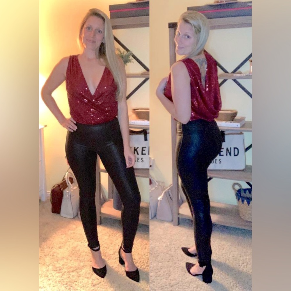 Evening of Wonder Burgundy Sequin Cowl Back Bodysuit